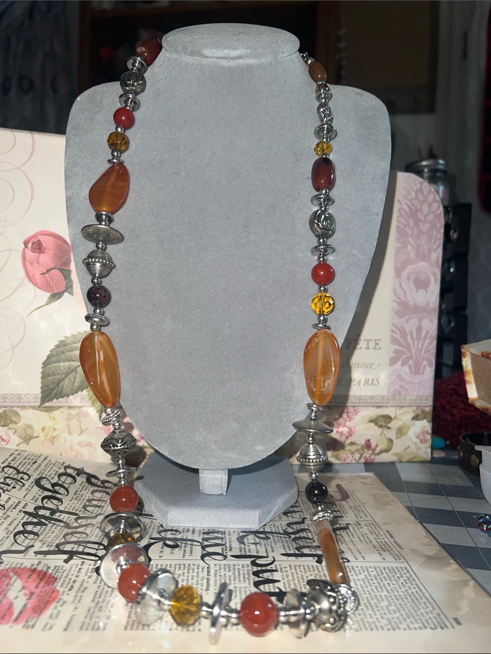 Handcrafted Amber-Tone Beaded Long Necklace - Women Jewelry